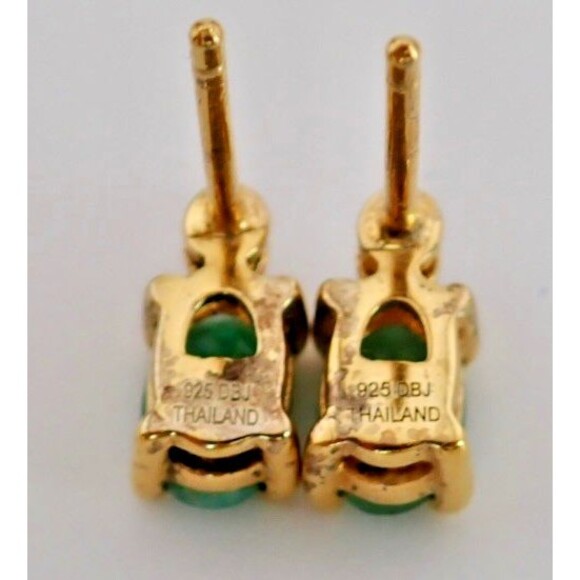 DBJ Jade & Diamond Sterling Silver Prong Set Stud Post Earrings 6mm Signed Thai - Picture 5 of 11